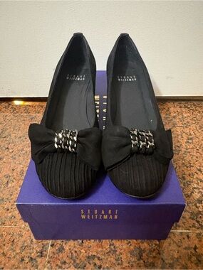 Stuart Weitzman Black Bow-Front Flats with Braided Accent